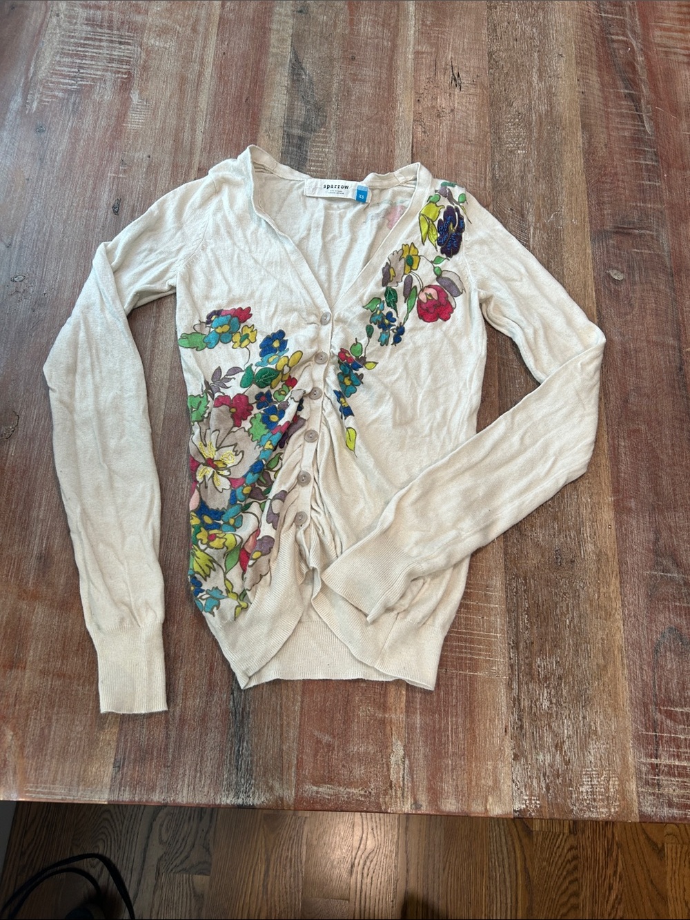 sparrow VTG Ruched Cream Cardigan with Multicolor Floral Print
